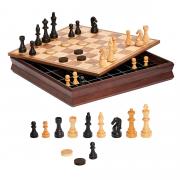 SCHACCHIERA IN LEGNO PER SCACCHI E DAMA CON CONTENITORE, PEDINE E SCACCHI PIOMBATI - 2684