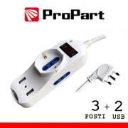 Multipresa 2 Prese Bipasso e 1 Schuko con 2 USB Spina 16A con Interruttore